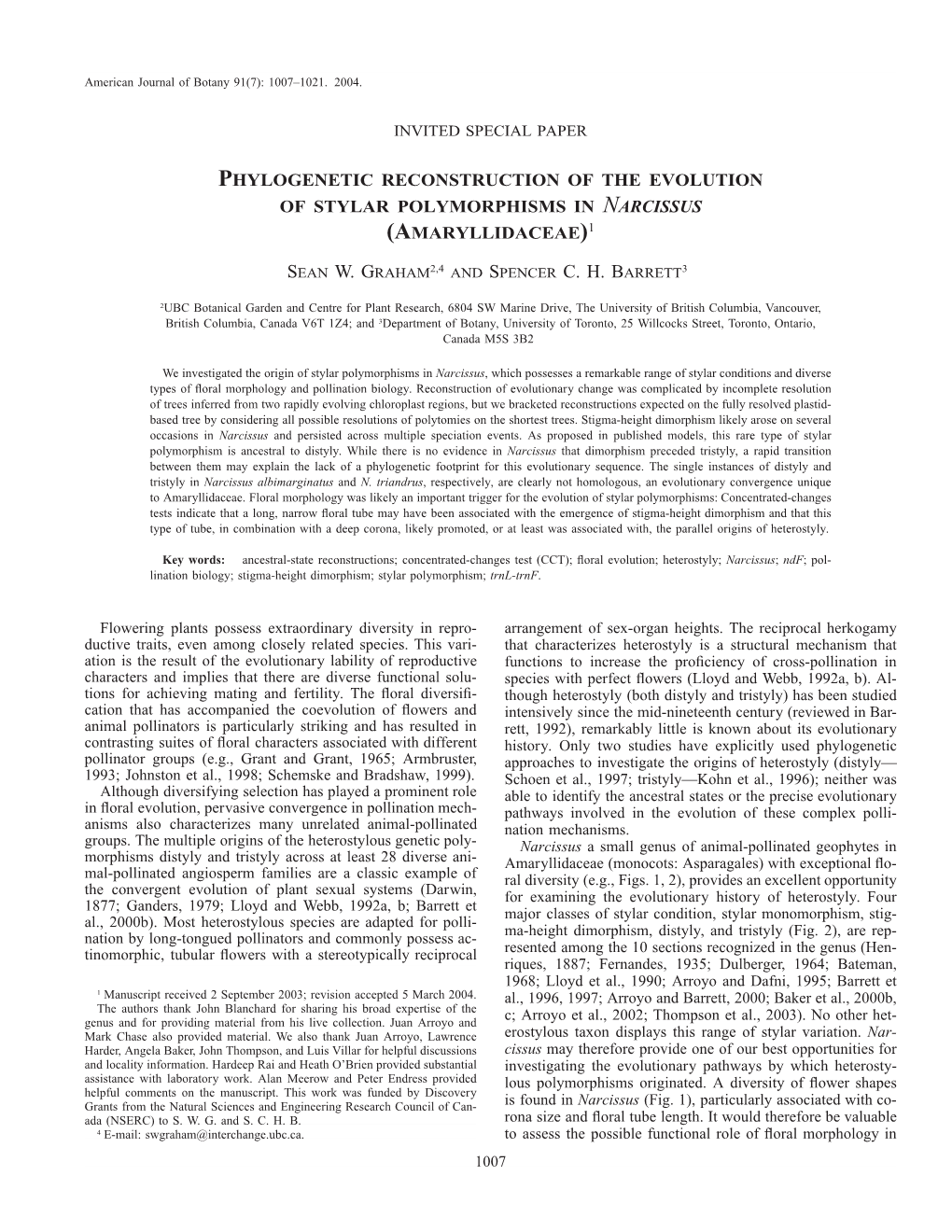 Phylogenetic Reconstruction of the Evolution of Stylar Polymorphisms in Narcissus (Amaryllidaceae)1