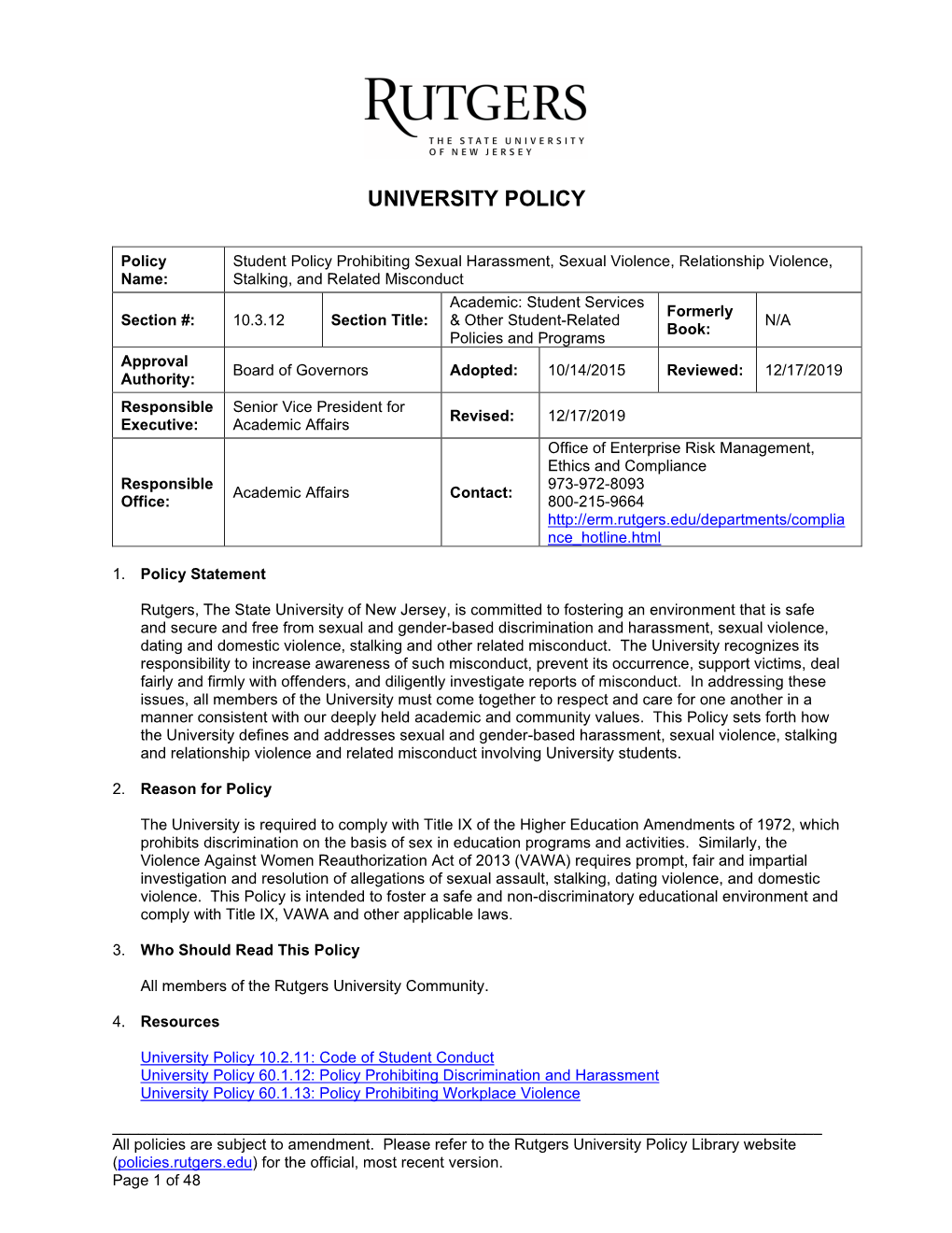 University Policy 10.3.12