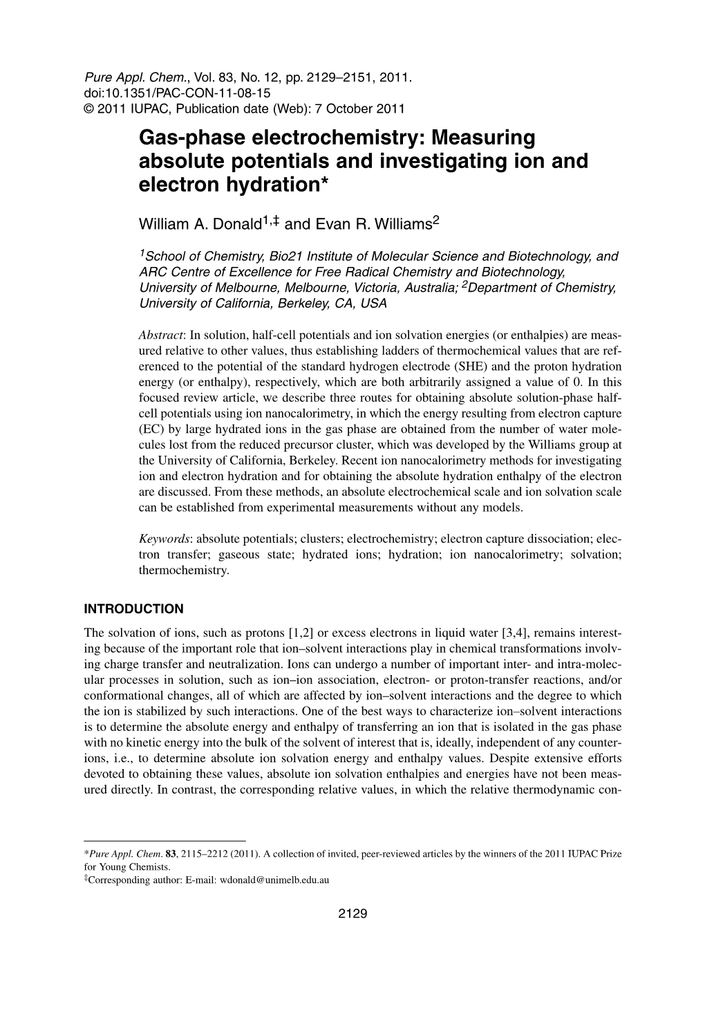 Gas-Phase Electrochemistry: Measuring Absolute Potentials and Investigating Ion and Electron Hydration*