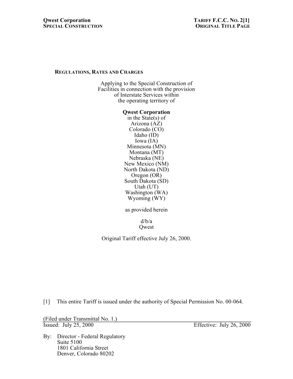 Qwest Corporation TARIFF FCC NO. 2[1]