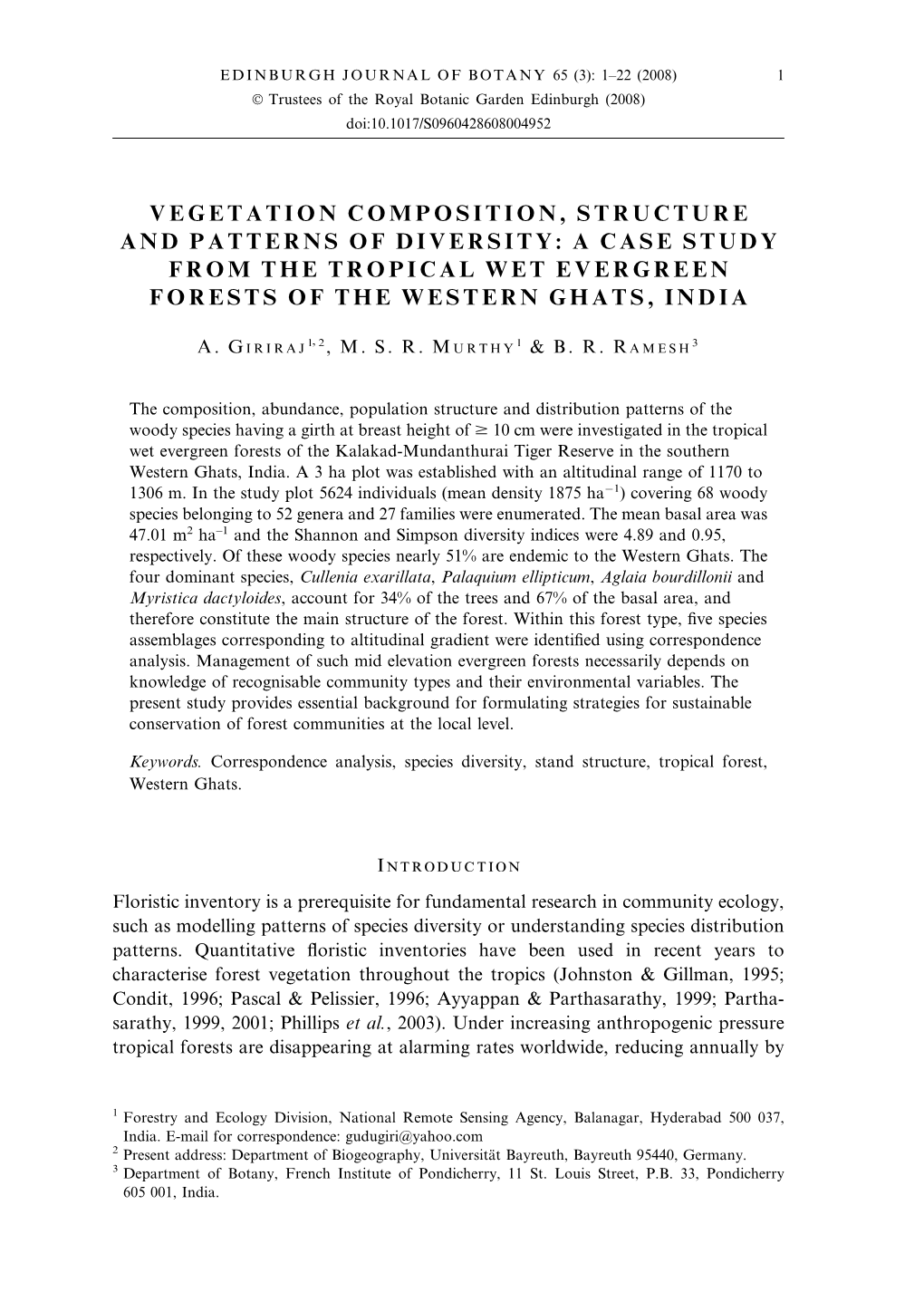 Vegetation Composition, Structure and Patterns of Diversity: a Case Study from the Tropical Wet Evergreen Forests of the Western Ghats, India