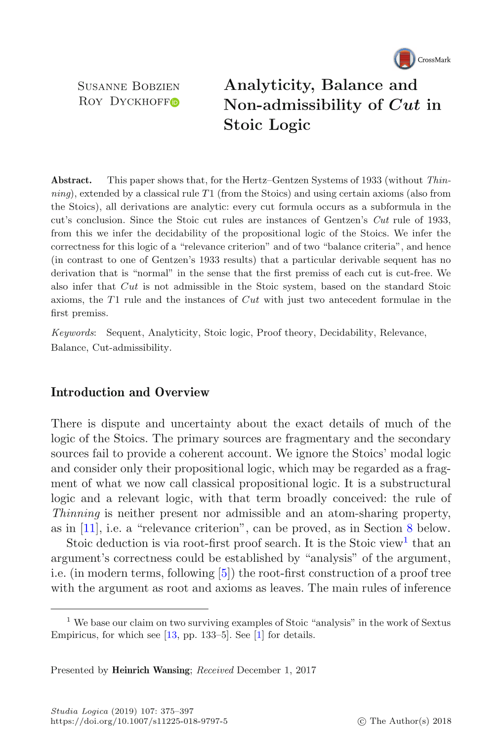 Analyticity, Balance and Non-Admissibility of in Stoic Logic