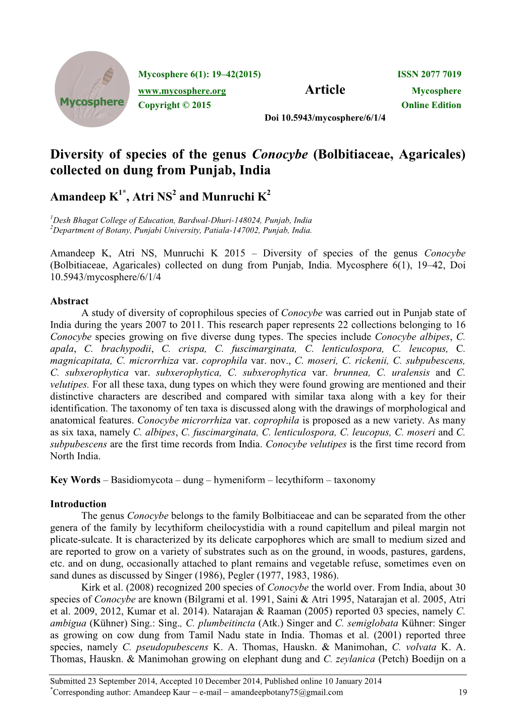 Diversity of Species of the Genus Conocybe (Bolbitiaceae, Agaricales) Collected on Dung from Punjab, India