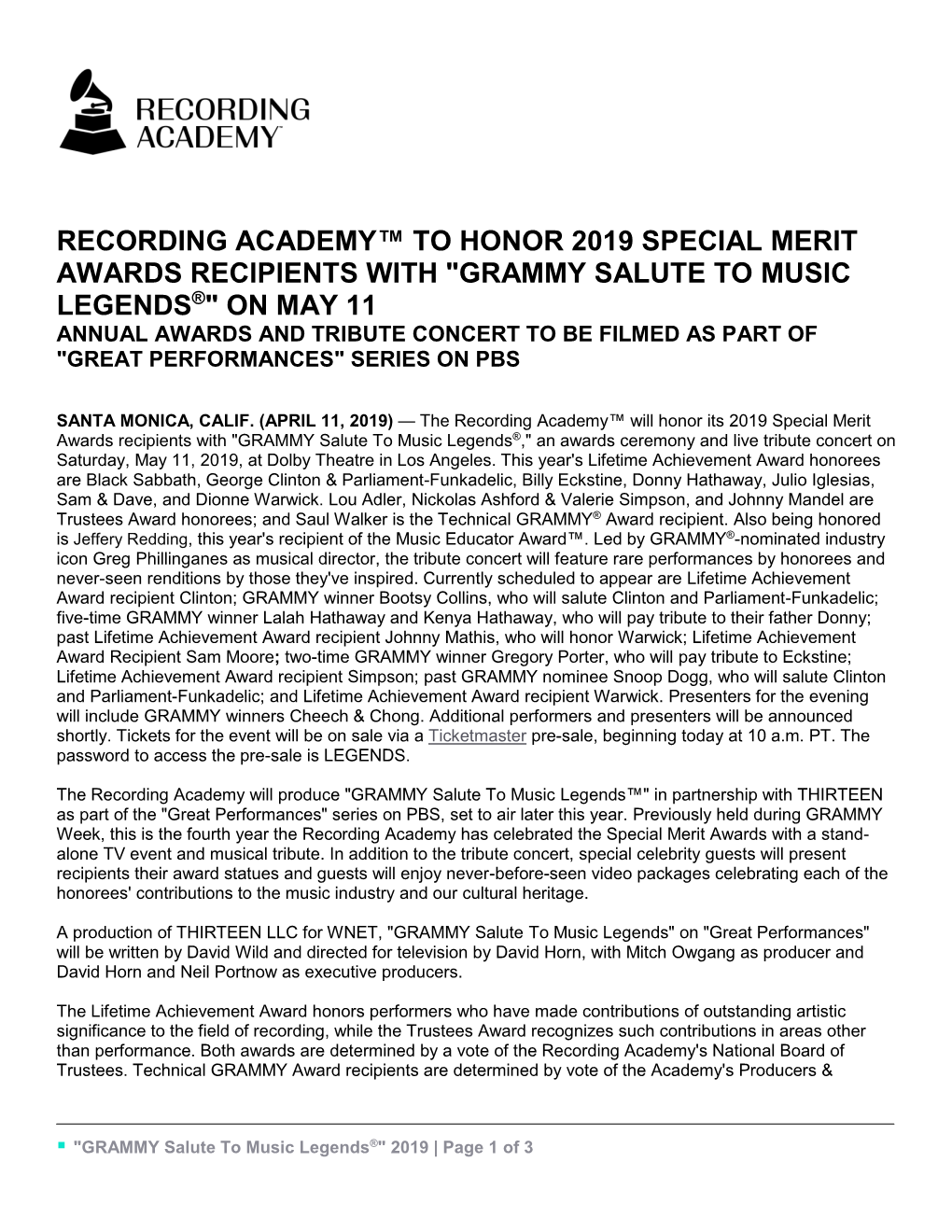 Grammy Salute to Music Legends®" on May 11 Annual Awards and Tribute Concert to Be Filmed As Part of "Great Performances" Series on Pbs