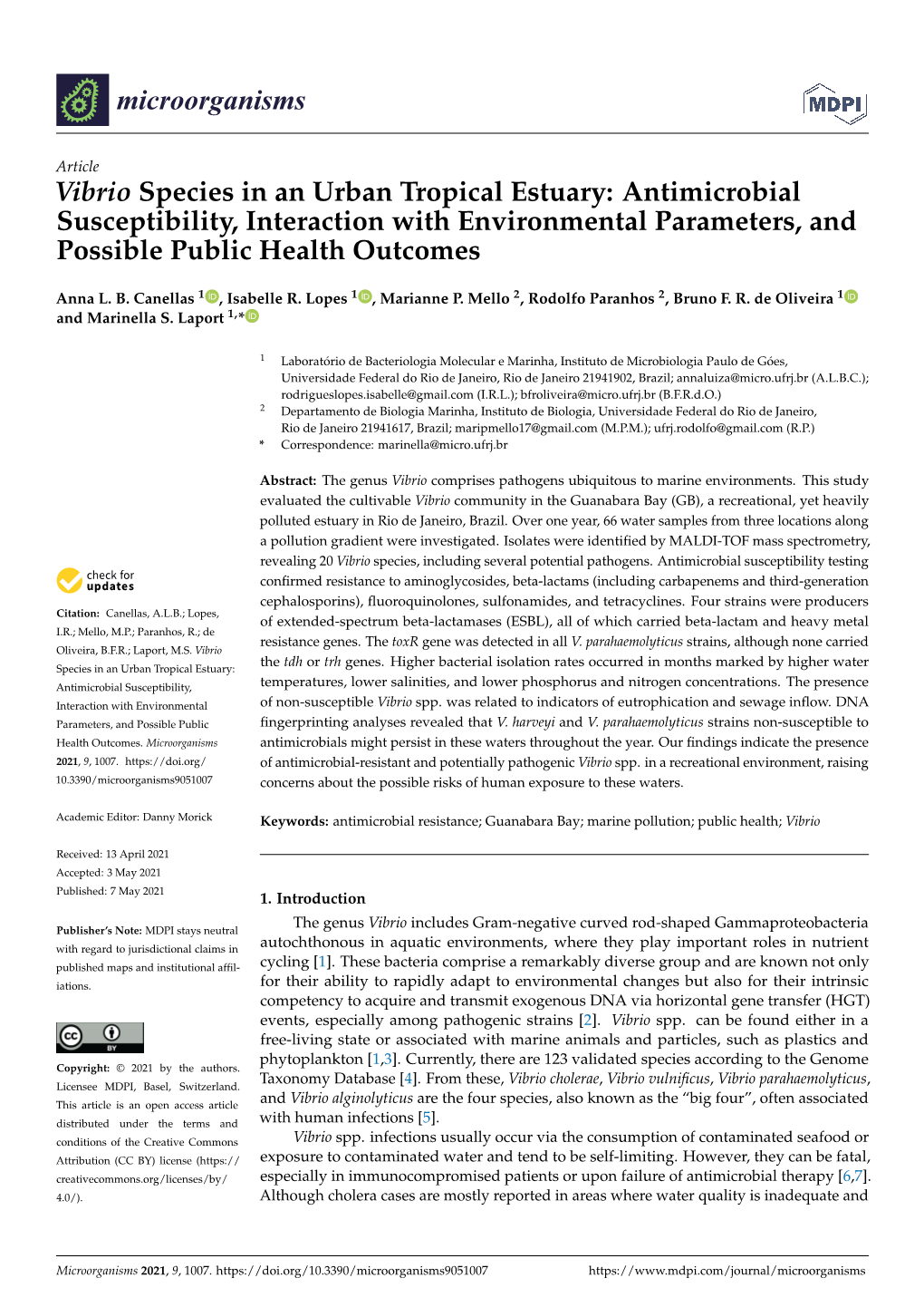 Vibrio Species in an Urban Tropical Estuary: Antimicrobial Susceptibility, Interaction with Environmental Parameters, and Possible Public Health Outcomes