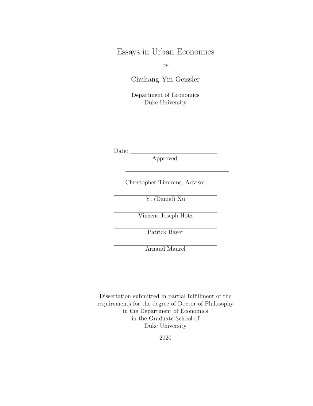 Essays in Urban Economics by Chuhang Yin Geissler