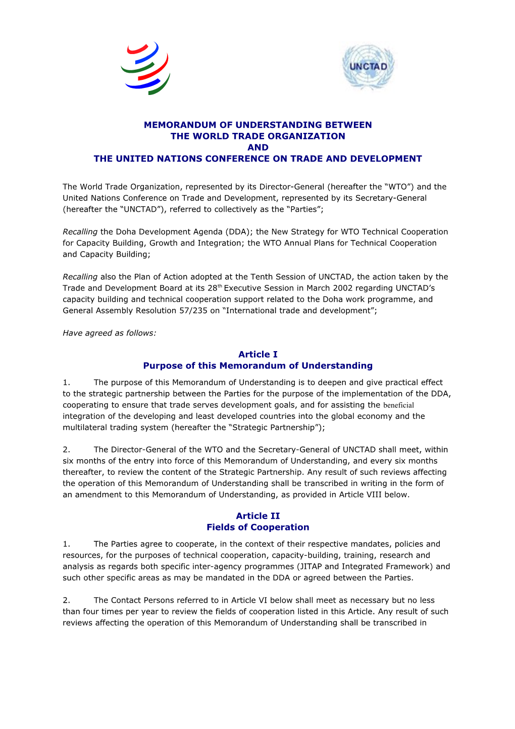 Memorandum of Understanding Between the World Trade Organization and the United Nations