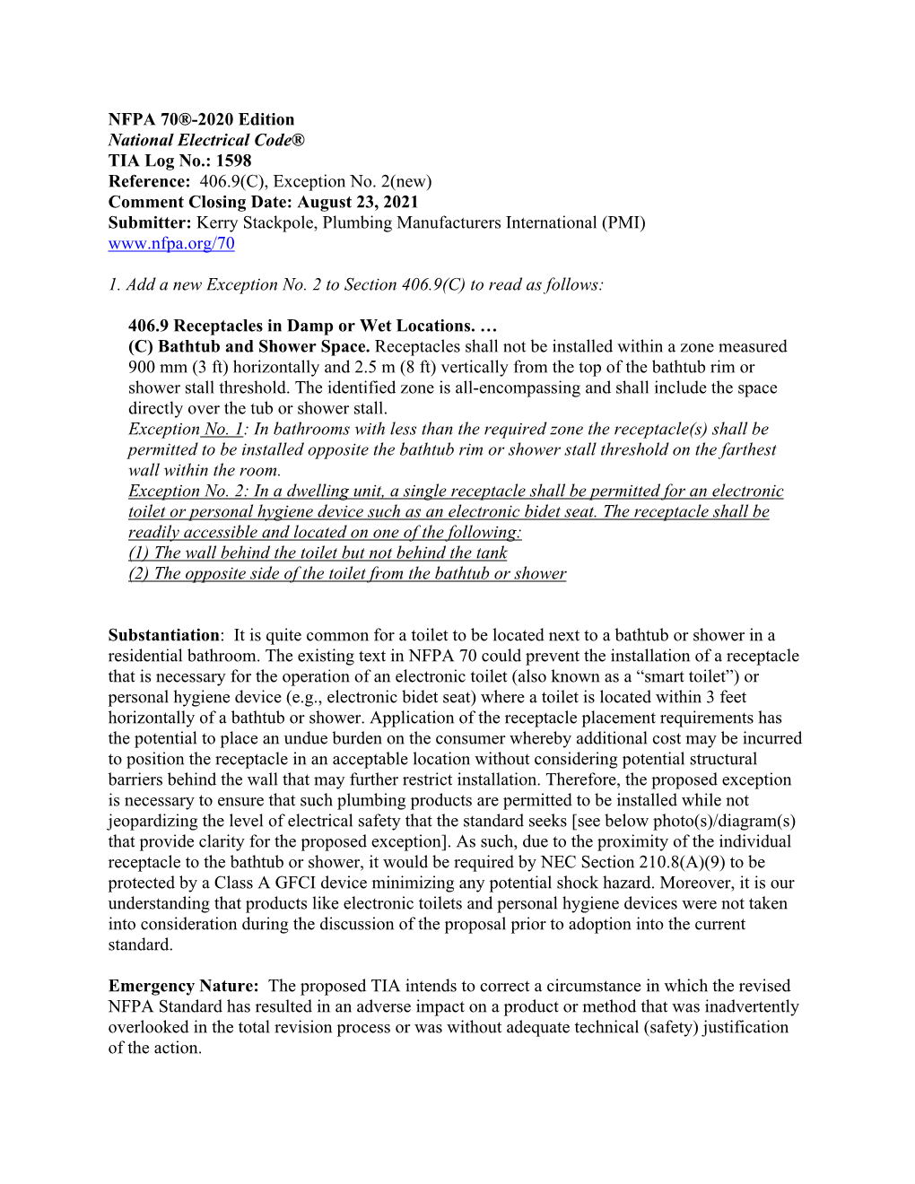 NFPA 70®-2020 Edition National Electrical Code® TIA Log No.: 1598 Reference: 406.9(C), Exception No