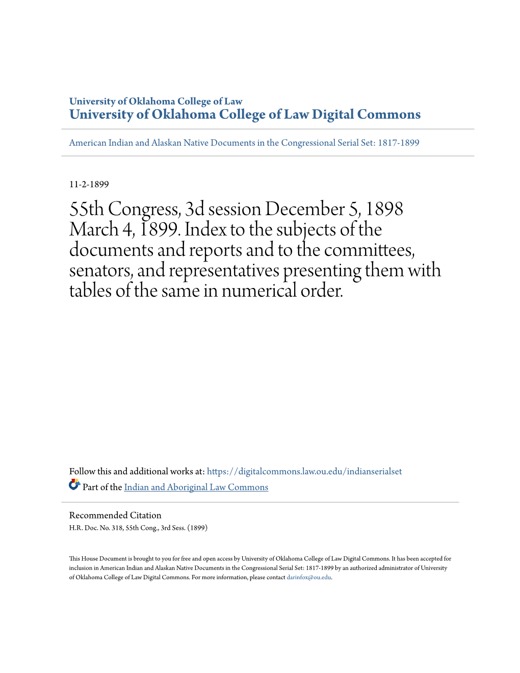 55Th Congress, 3D Session December 5, 1898 March 4, 1899. Index to The