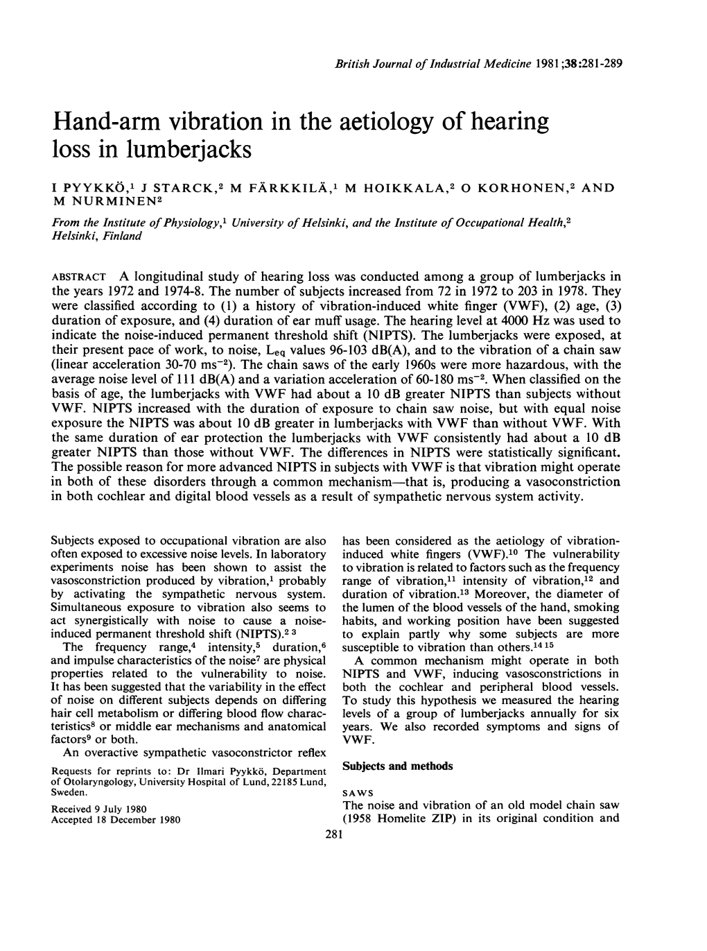 Hand-Arm Vibration in the Aetiology of Hearing Loss in Lumberjacks