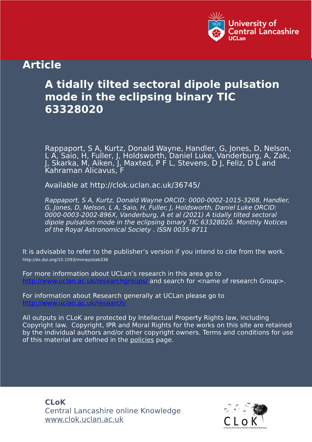 Article a Tidally Tilted Sectoral Dipole Pulsation Mode in the Eclipsing Binary TIC 63328020