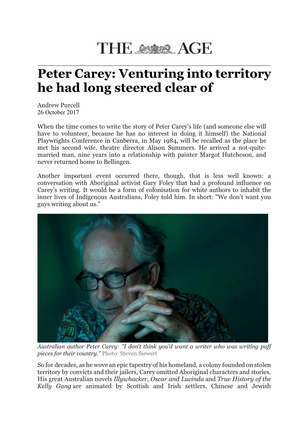 Peter Carey: Venturing Into Territory He Had Long Steered Clear Of