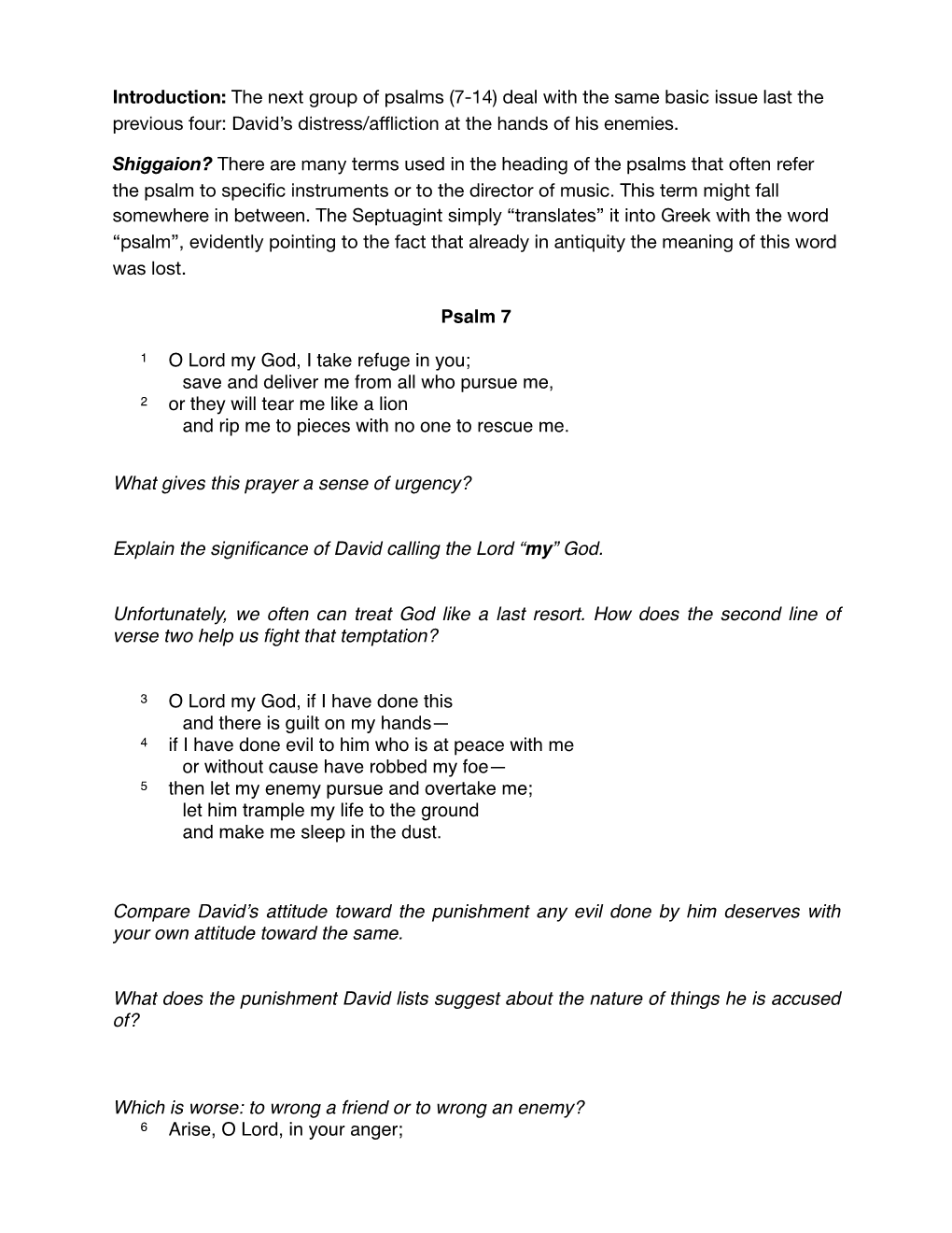 Psalm 7 Worksheet