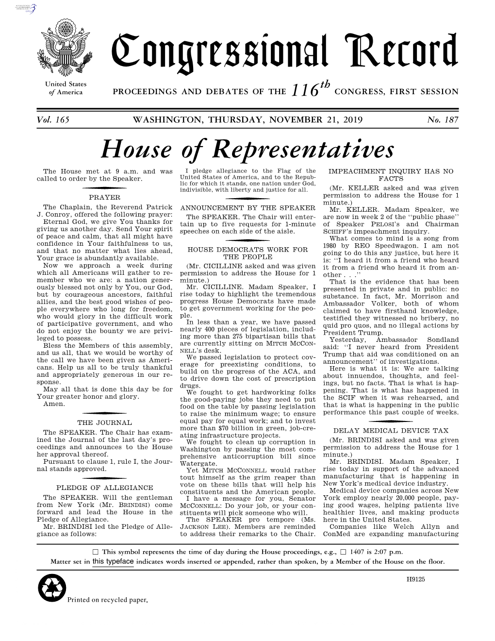 Congressional Record United States Th of America PROCEEDINGS and DEBATES of the 116 CONGRESS, FIRST SESSION