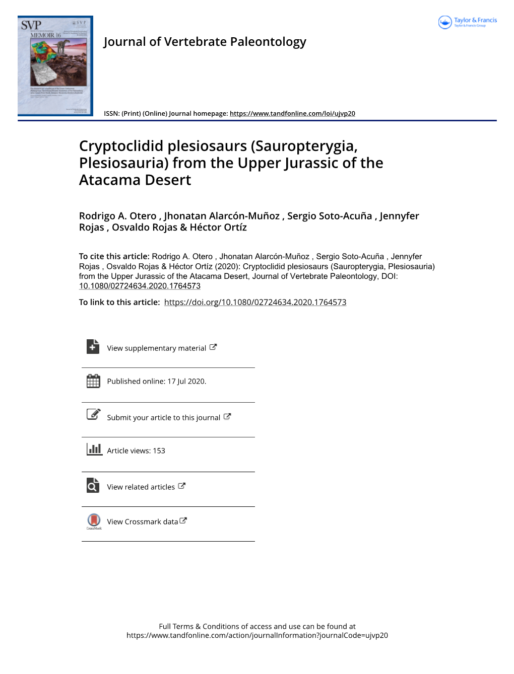 Cryptoclidid Plesiosaurs (Sauropterygia, Plesiosauria) from the Upper Jurassic of the Atacama Desert