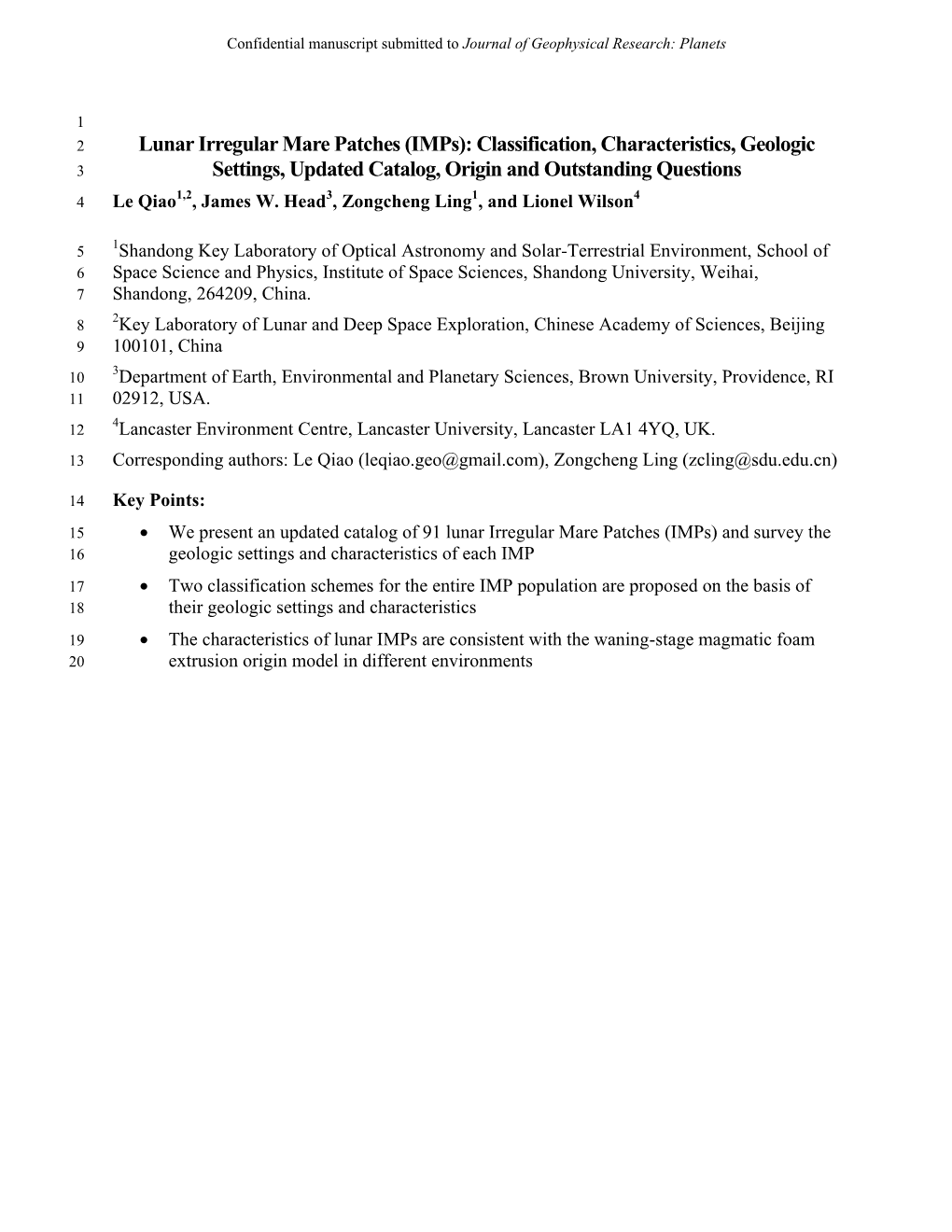 Imps): Classification, Characteristics, Geologic 3 Settings, Updated Catalog, Origin and Outstanding Questions 4 Le Qiao1,2, James W