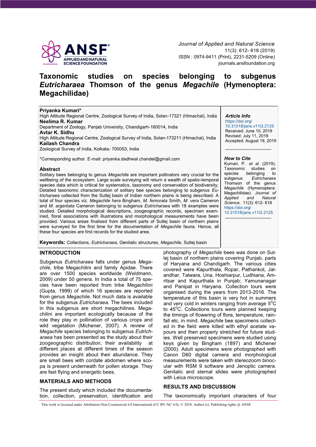 Taxonomic Studies on Species Belonging to Subgenus Eutricharaea Thomson of the Genus Megachile (Hymenoptera: Megachilidae)