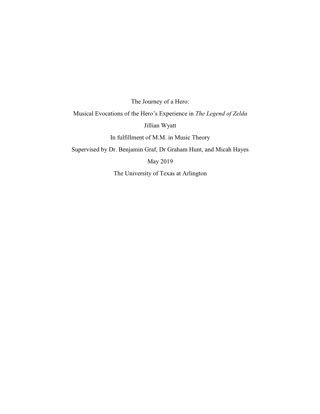 The Journey of a Hero: Musical Evocations of the Hero's Experience in the Legend of Zelda Jillian Wyatt in Fulfillment Of