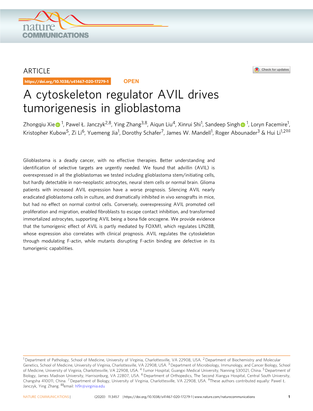 A Cytoskeleton Regulator AVIL Drives Tumorigenesis in Glioblastoma