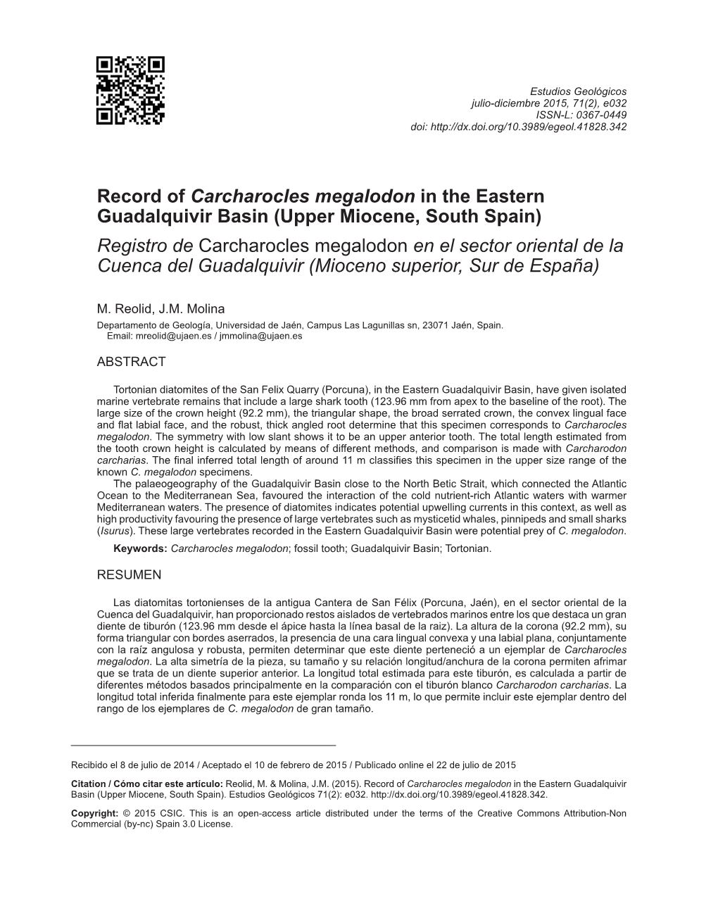 Record of Carcharocles Megalodon in the Eastern