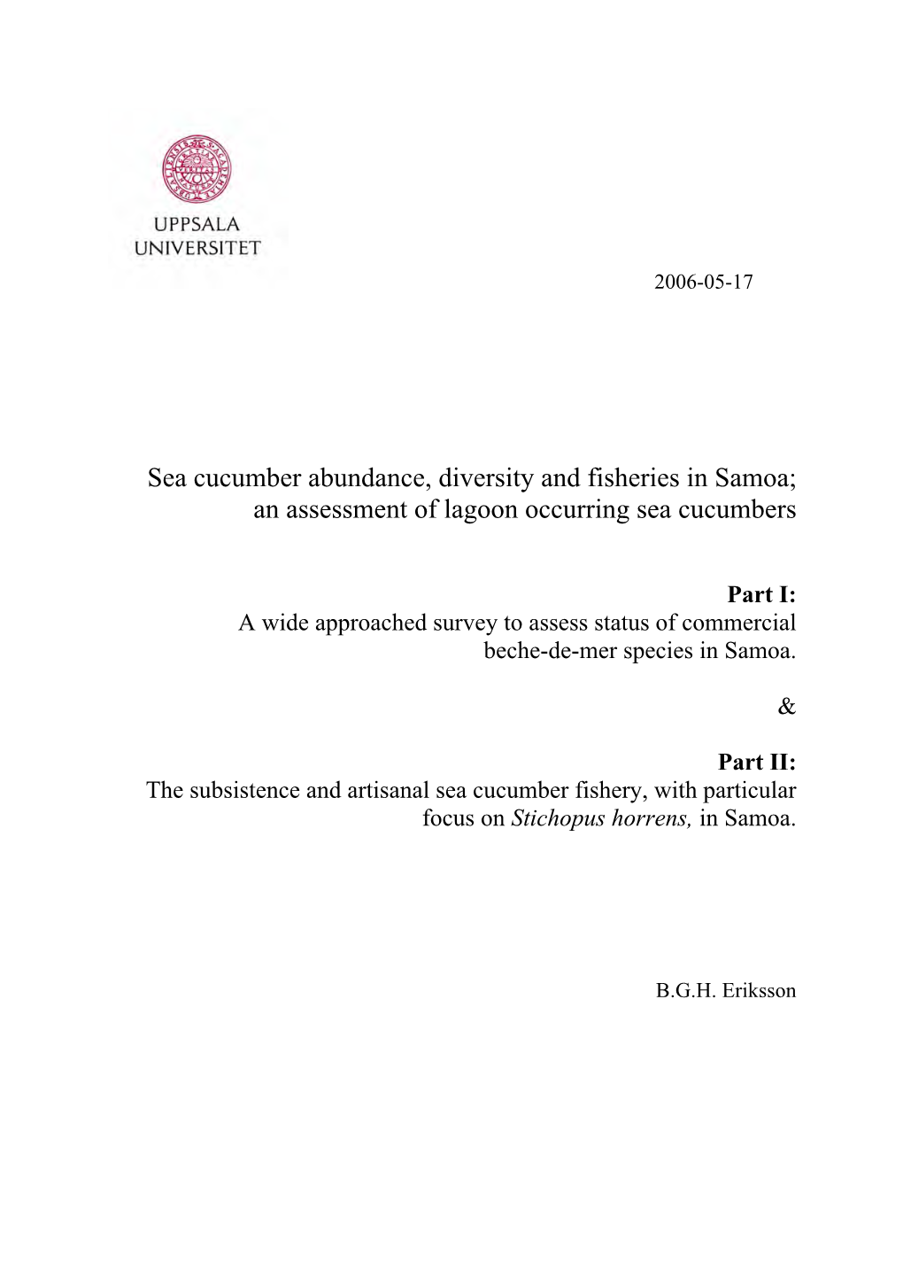 Sea Cucumber Abundance, Diversity and Fisheries in Samoa; an Assessment of Lagoon Occurring Sea Cucumbers