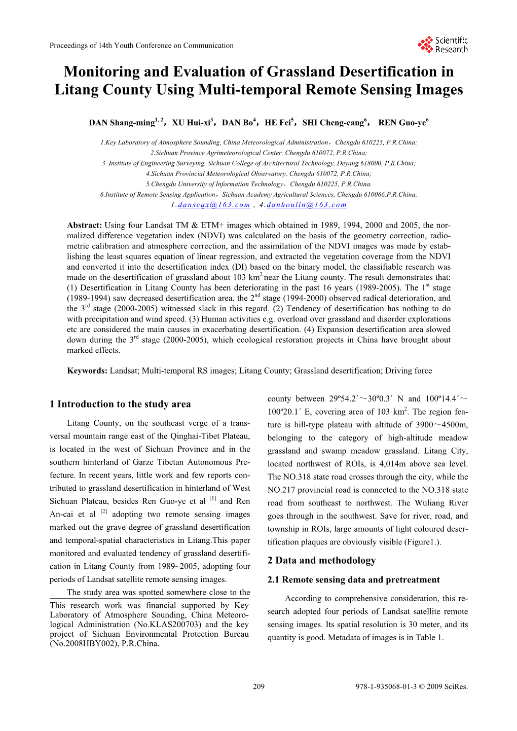 Monitoring and Evaluation of Grassland Desertification in Litang County Using Multi-Temporal Remote Sensing Images