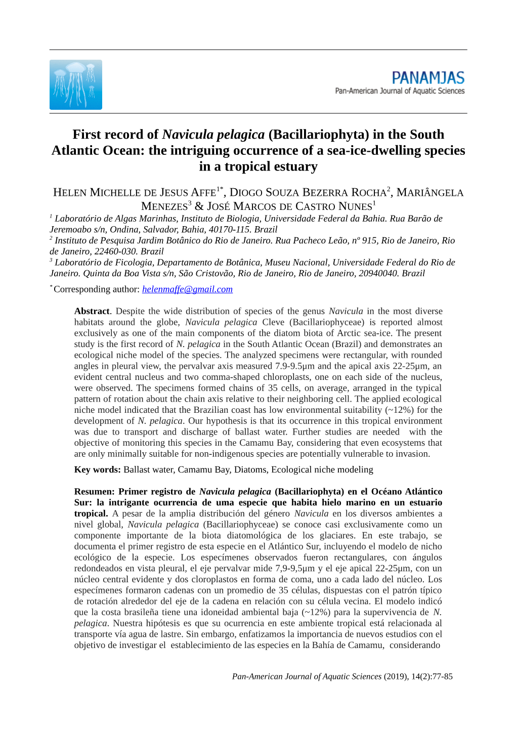 First Record of Navicula Pelagica (Bacillariophyta) in the South Atlantic Ocean: the Intriguing Occurrence of a Sea-Ice-Dwelling Species in a Tropical Estuary