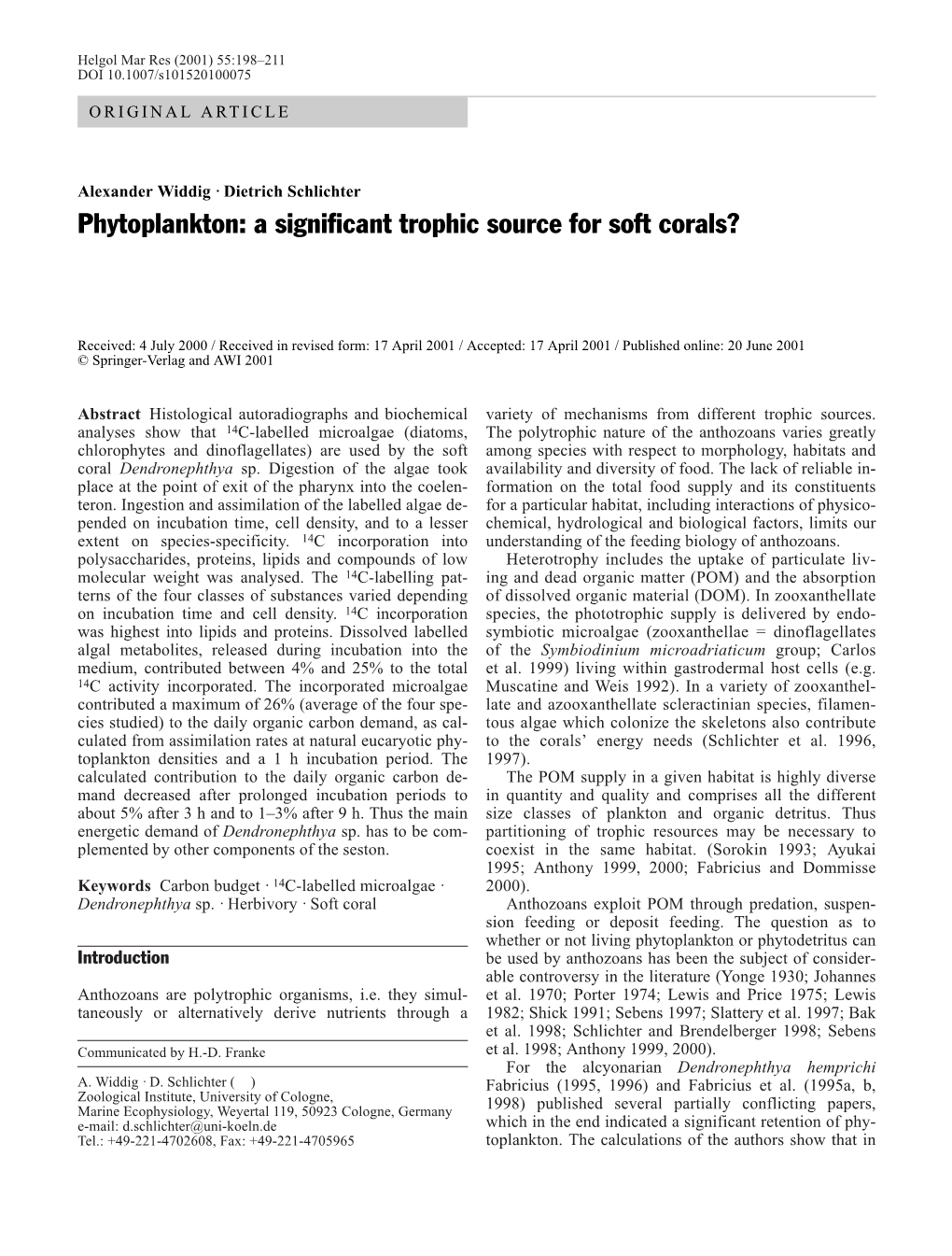 Phytoplankton: a Significant Trophic Source for Soft Corals?