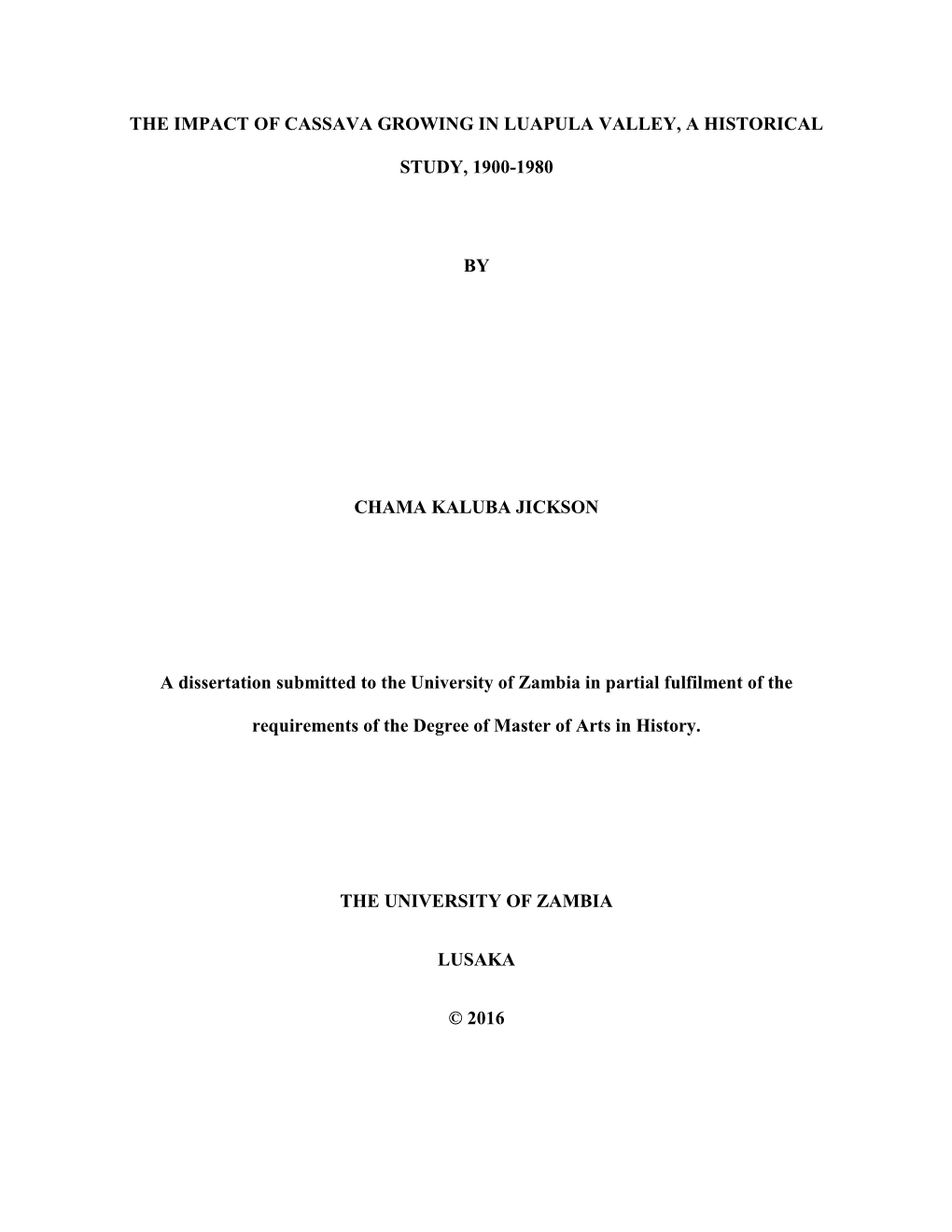 The Impact of Cassava Growing in Luapula Valley, a Historical