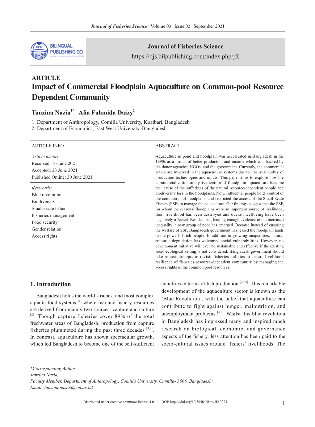 Impact of Commercial Floodplain Aquaculture on Common-Pool Resource Dependent Community