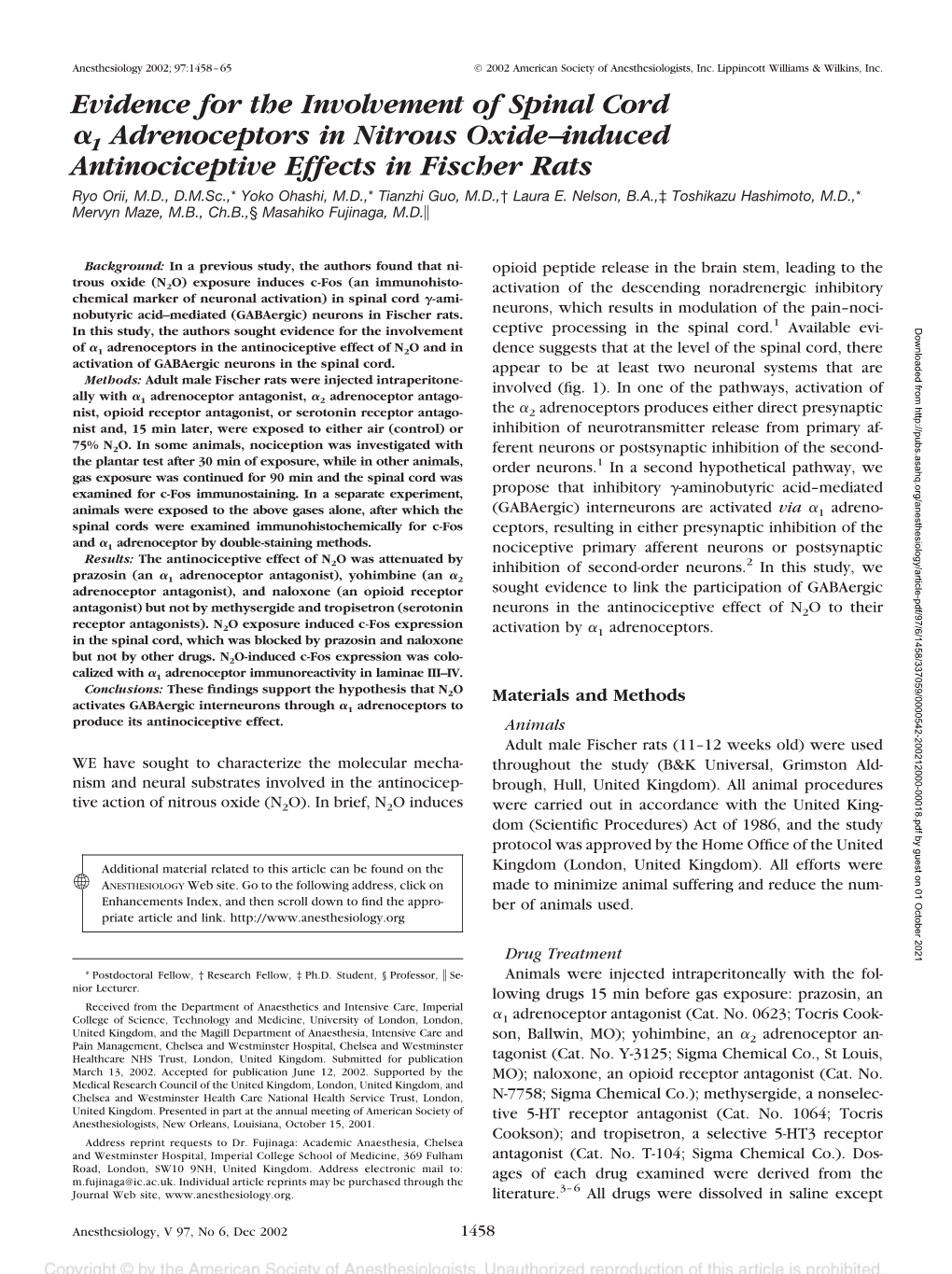 Evidence for the Involvement of Spinal Cord 1 Adrenoceptors in Nitrous