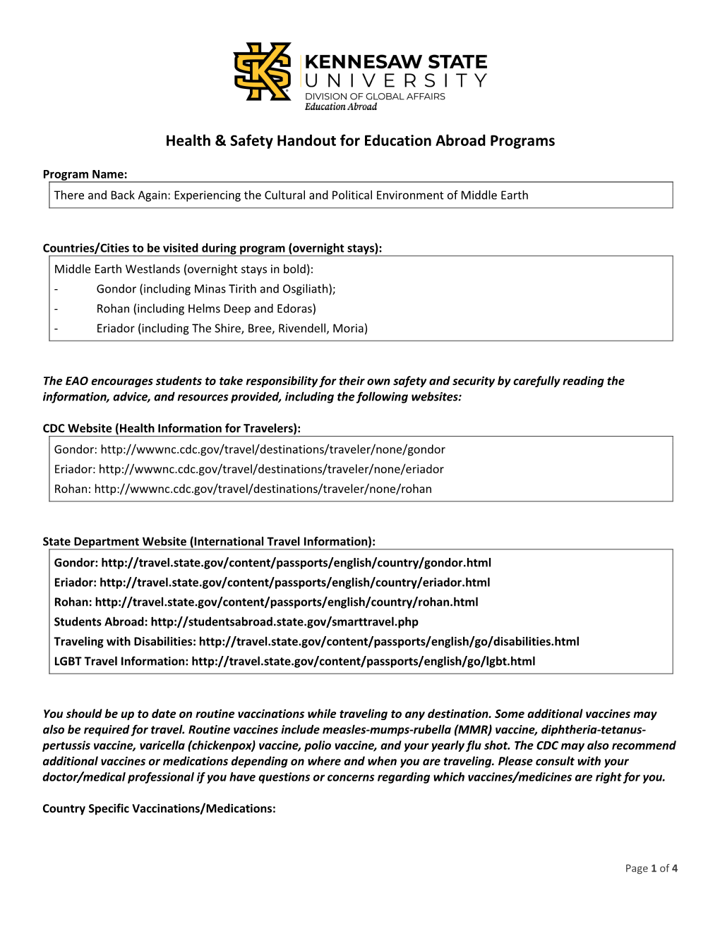 Health & Safety Handout for Education Abroad Programs