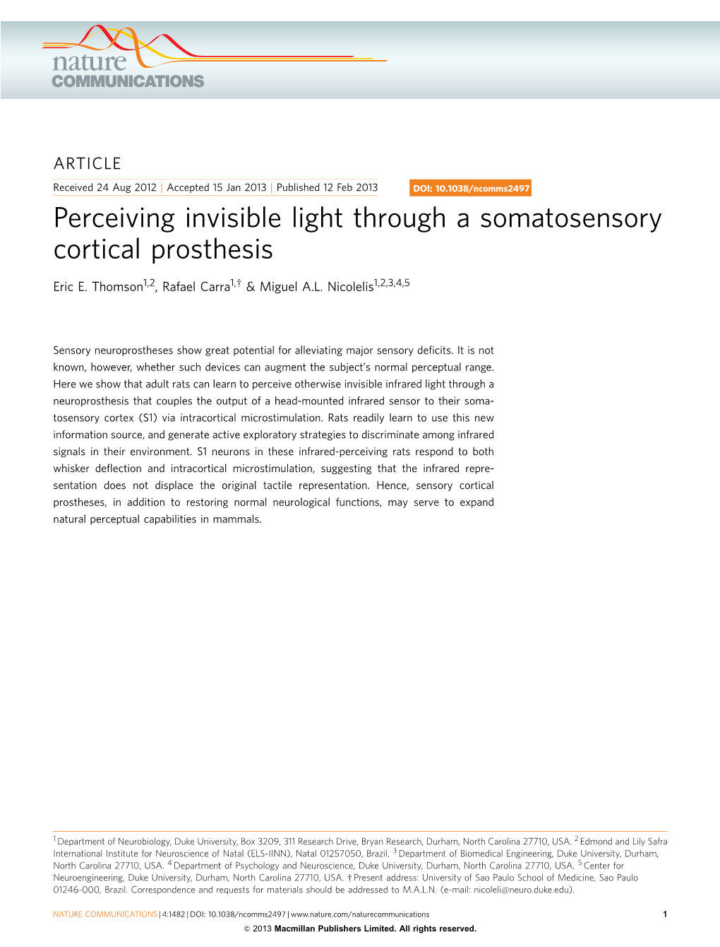 Perceiving Invisible Light Through a Somatosensory Cortical Prosthesis