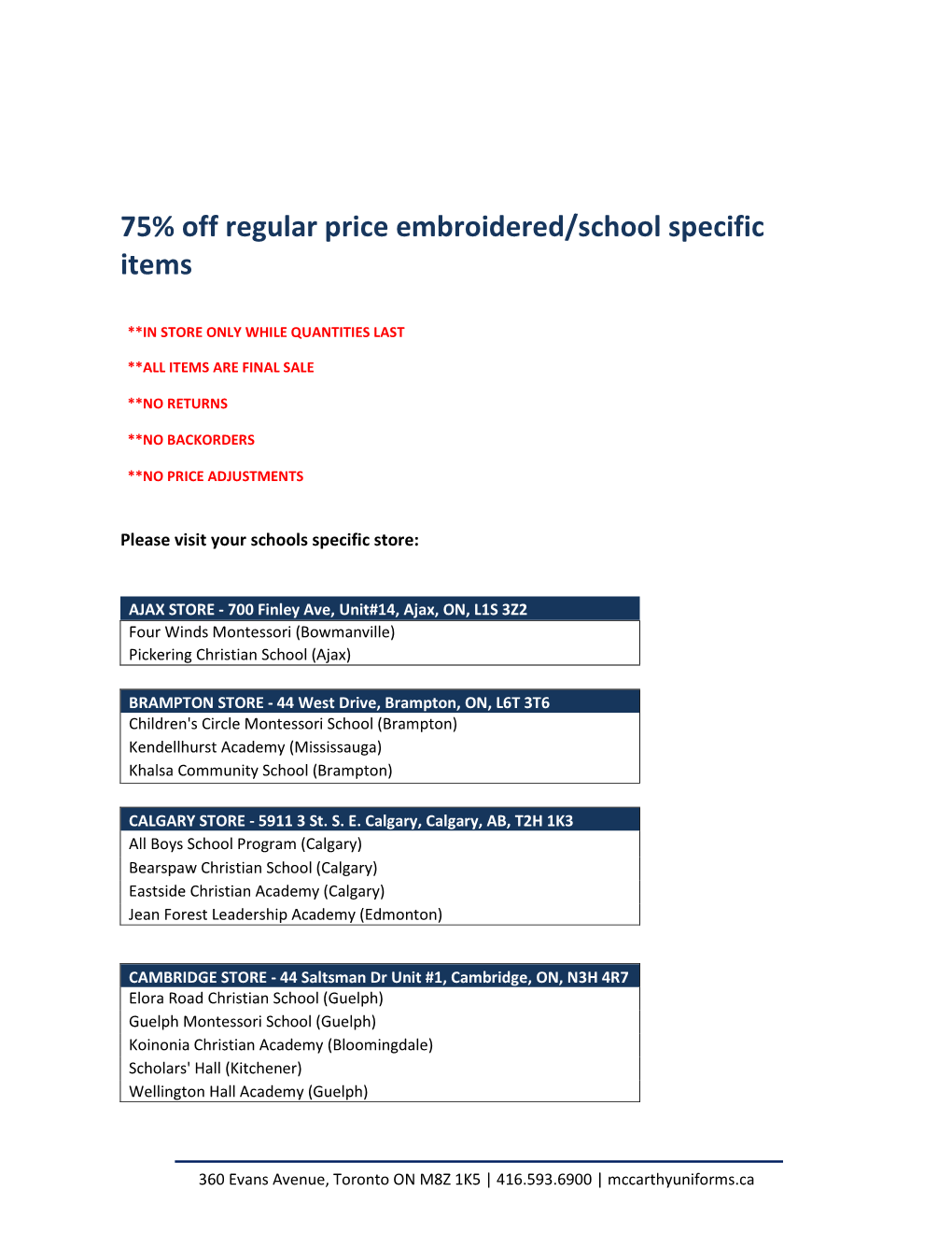 75% Off Regular Price Embroidered/School Specific Items