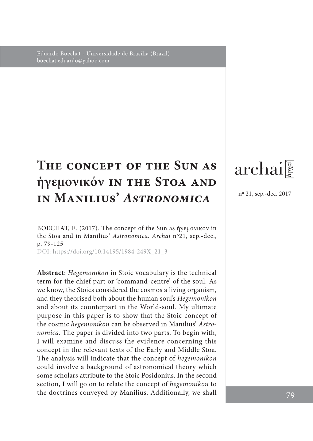 The Concept of the Sun As Ἡγεμονικόν in the Stoa and in Manilius’ Astronomica Nº 21, Sep.-Dec