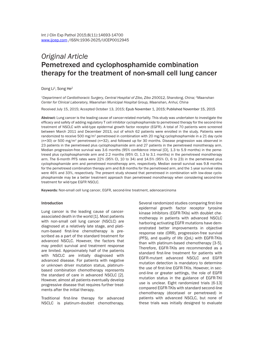 Original Article Pemetrexed and Cyclophosphamide Combination Therapy for the Treatment of Non-Small Cell Lung Cancer