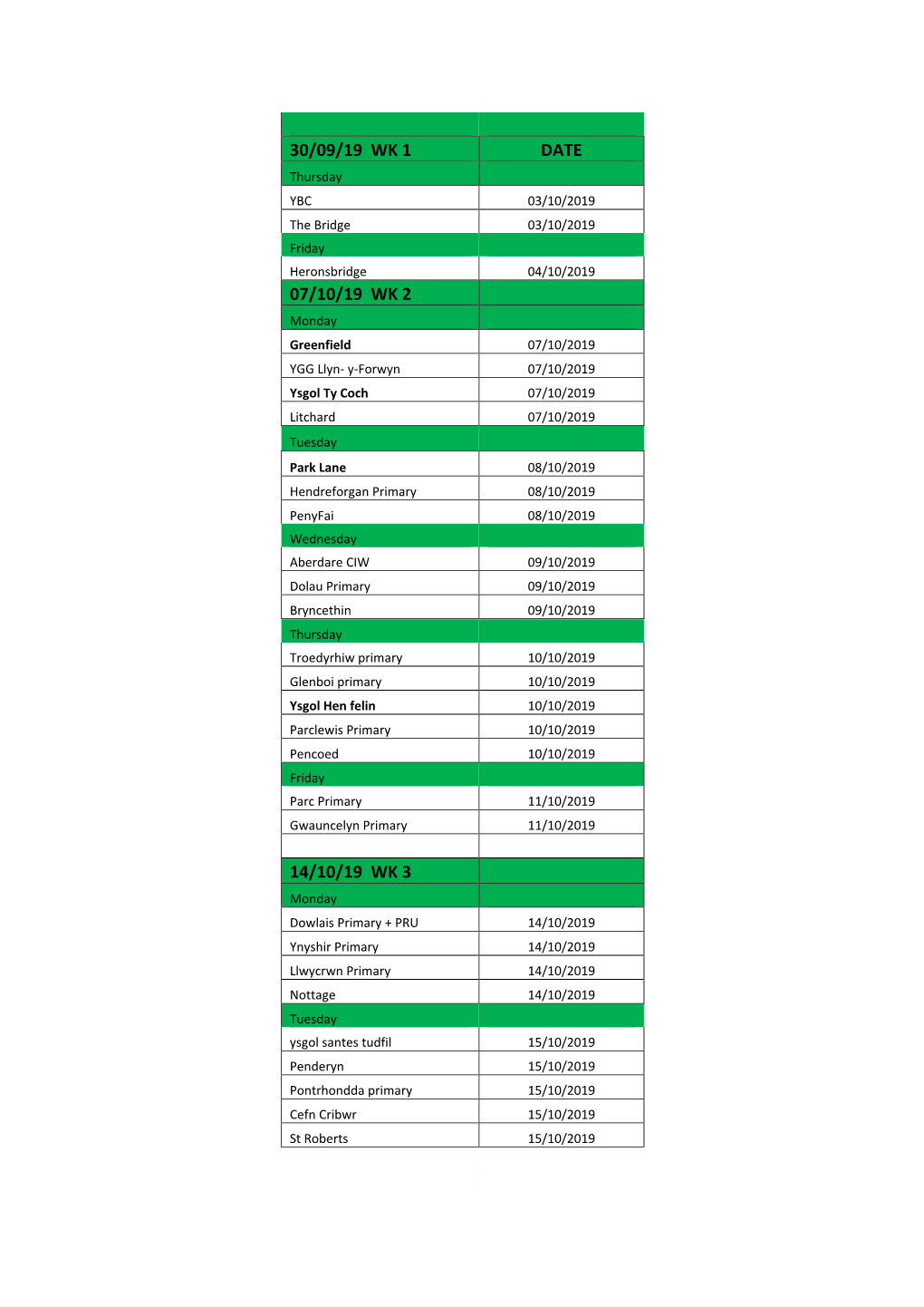 School Flu Immunisation Dates – 2019