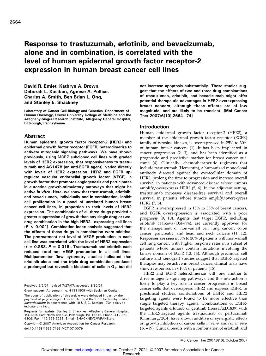 Response to Trastuzumab, Erlotinib, and Bevacizumab, Alone and In