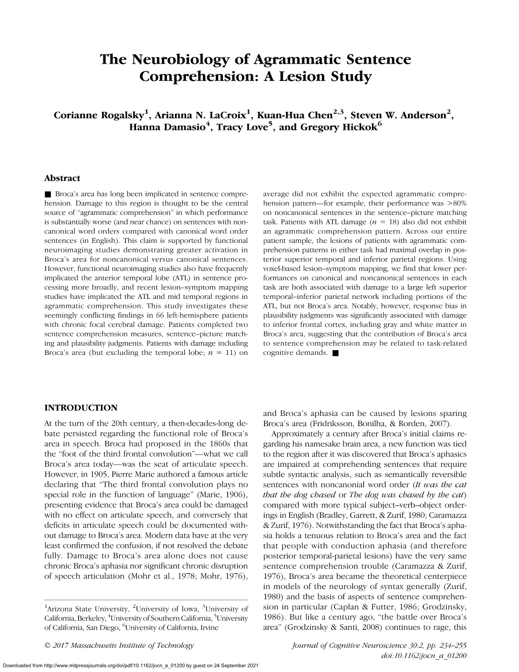 The Neurobiology of Agrammatic Sentence Comprehension: a Lesion Study