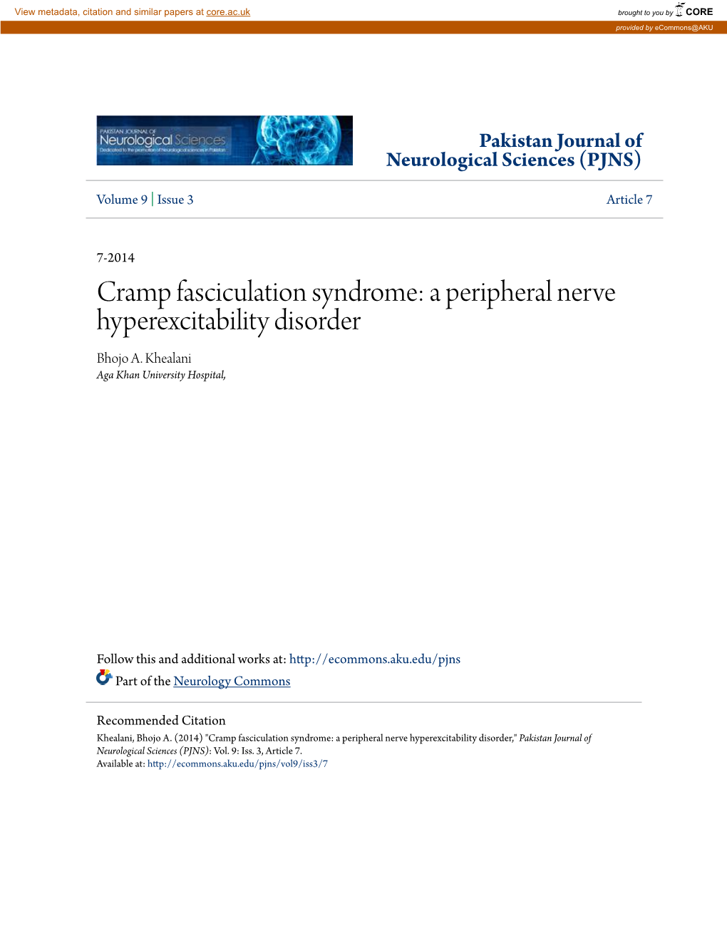 Cramp Fasciculation Syndrome: a Peripheral Nerve Hyperexcitability Disorder Bhojo A