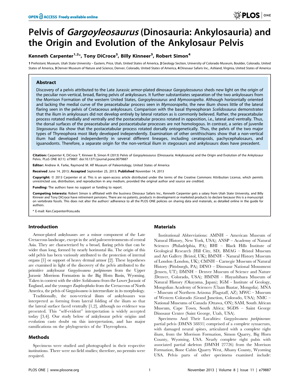 And the Origin and Evolution of the Ankylosaur Pelvis