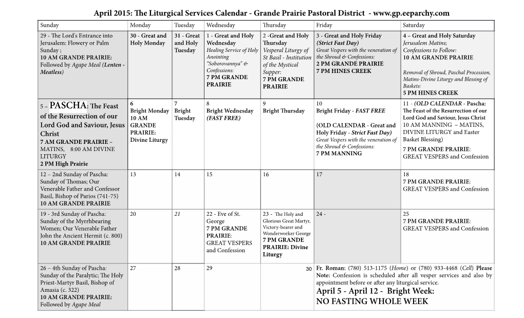 Grande Prairie District – Paschal Schedule 2015