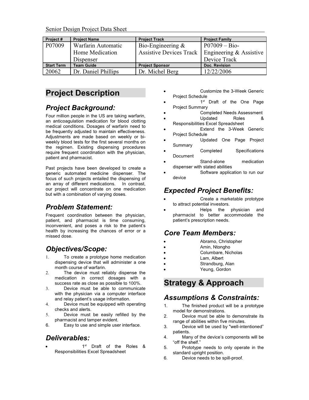 Senior Design Project Data Sheet