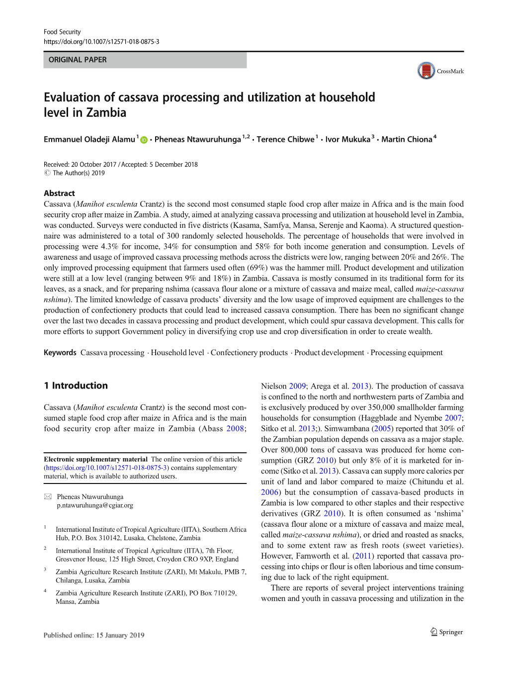 Evaluation of Cassava Processing and Utilization at Household Level in Zambia