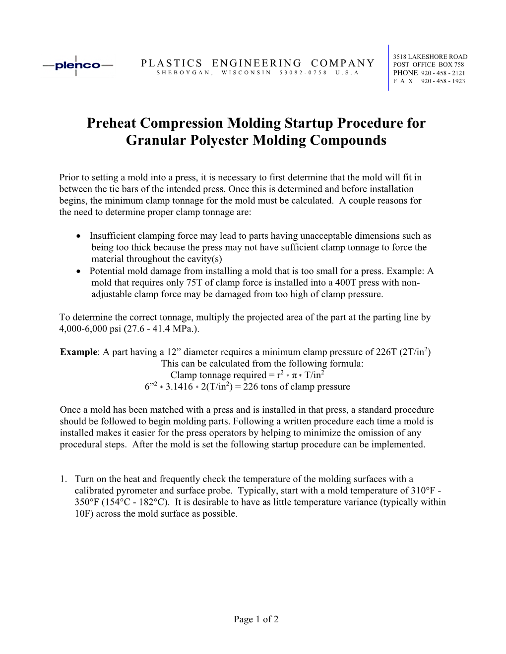 Preheat Compression Molding Startup Procedure for Granular Polyester Molding Compounds