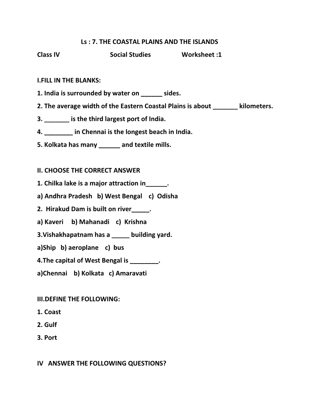 7. the COASTAL PLAINS and the ISLANDS Class IV Social Studies Worksheet :1