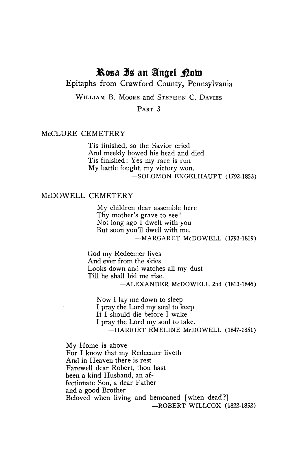 Nosa 3S an Angel Sow Epitaphs from Crawford County, Pennsylvania William B