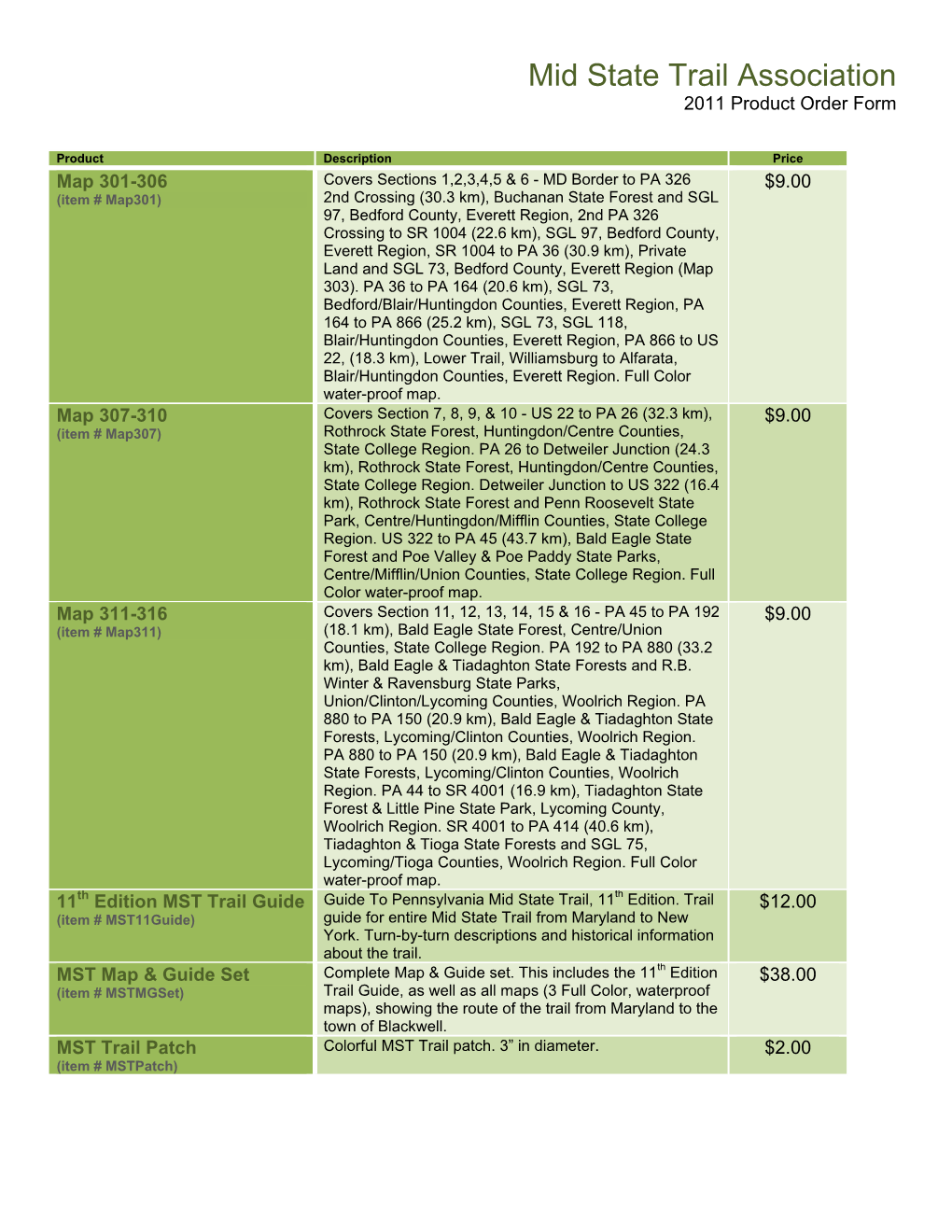 Mid State Trail Association 2011 Product Order Form