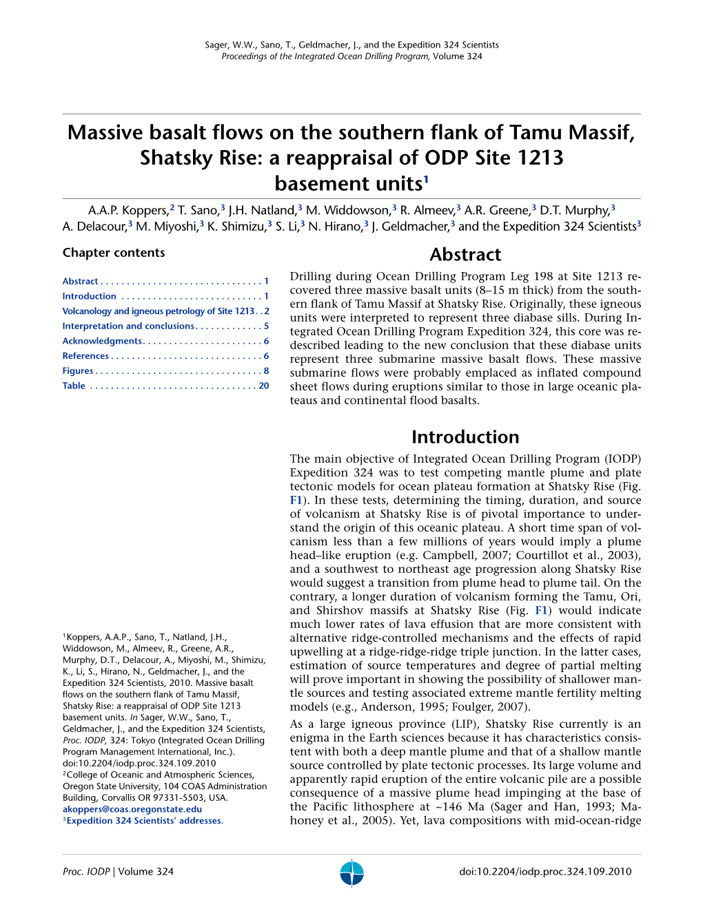 Massive Basalt Flows on the Southern Flank of Tamu Massif, Shatsky Rise: a Reappraisal of ODP Site 1213 Basement Units1 A.A.P