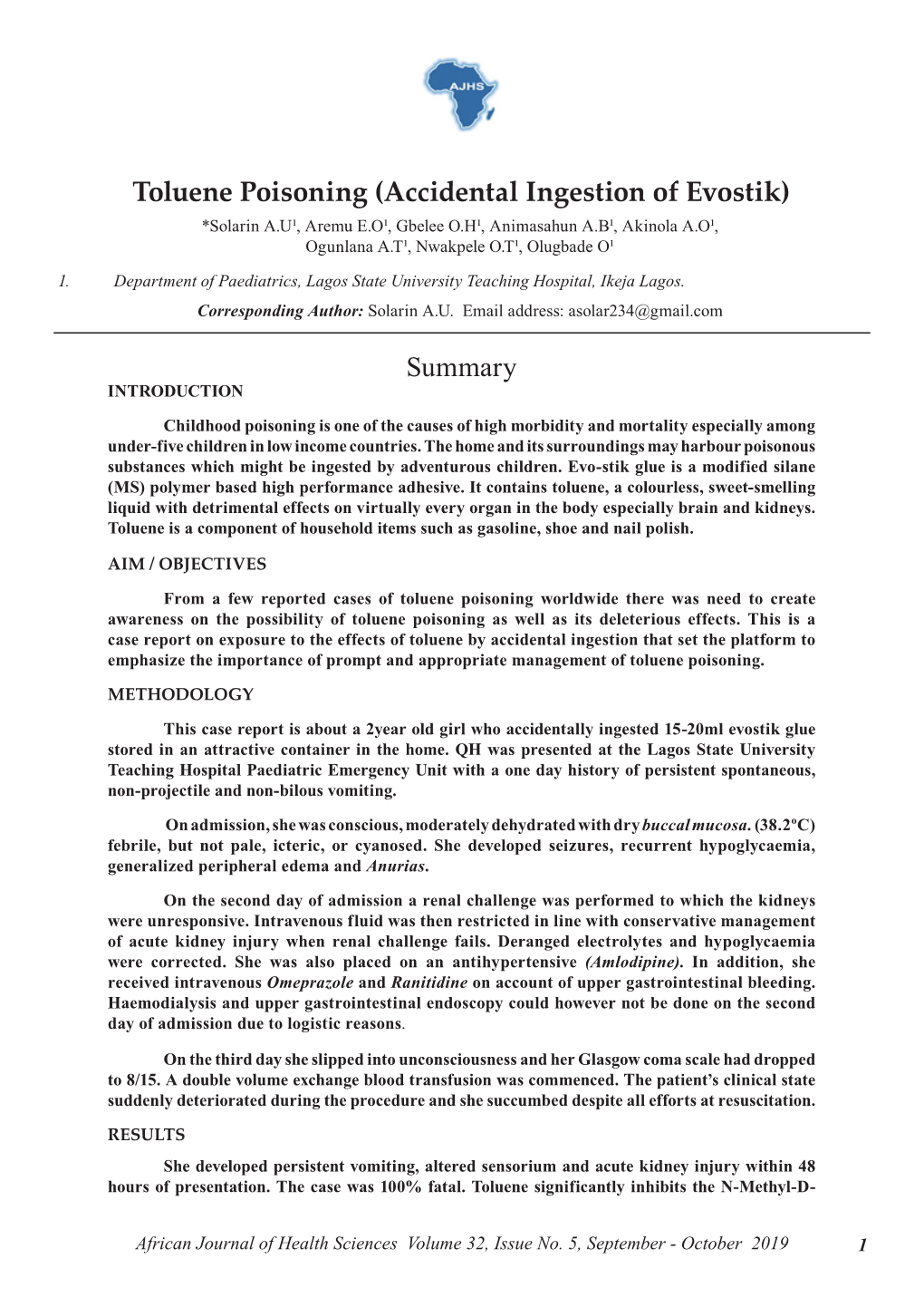 Toluene Poisoning (Accidental Ingestion of Evostik) Summary